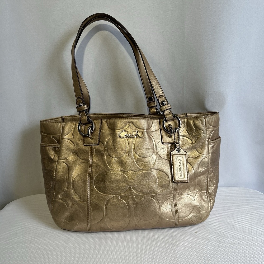 Coach East West Gallery Embossed Leather Purse Tote Gold Metallic Zip Top F17727